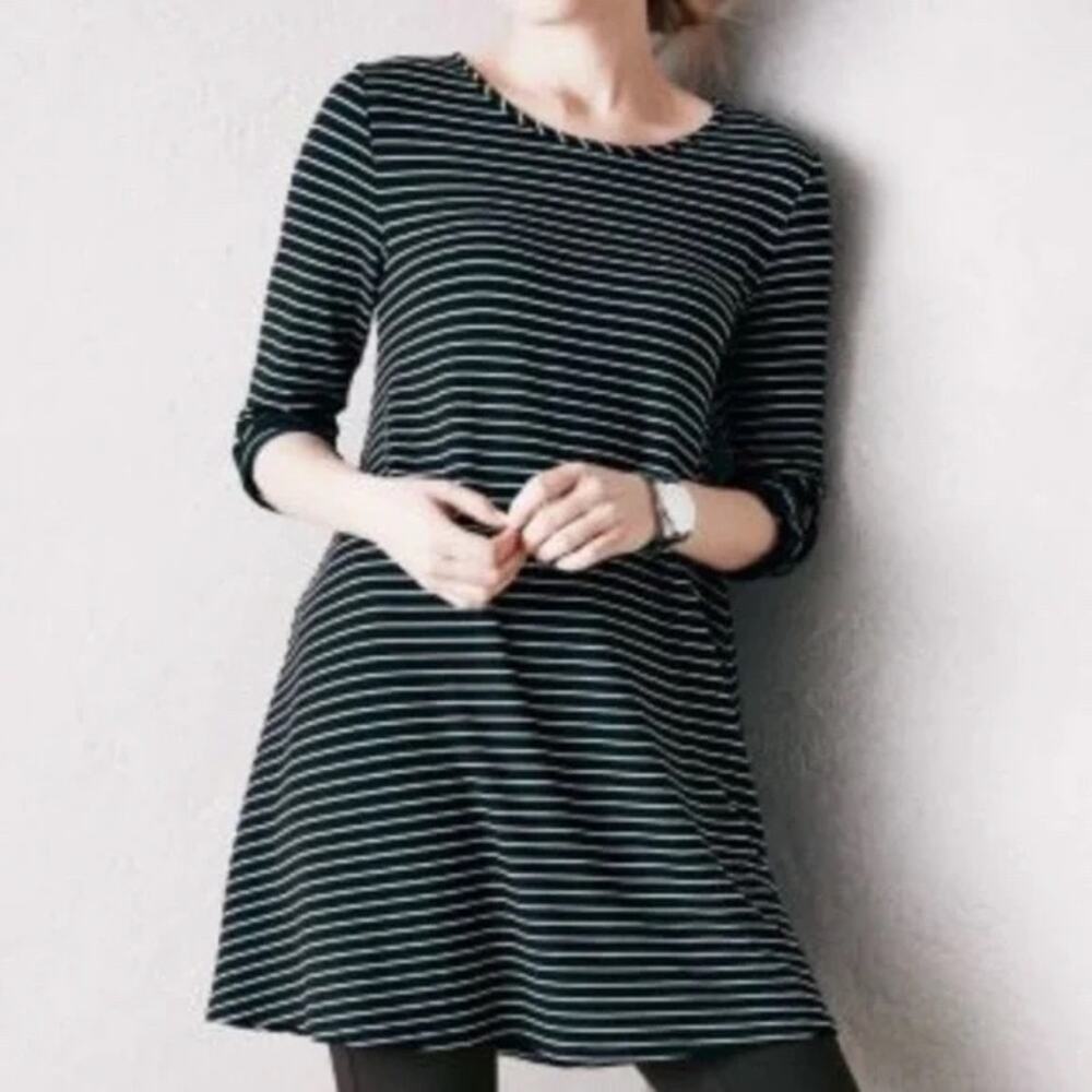 Garnet Hill EUC Women's Black White Striped French Terry A-Line Tunic Dress S